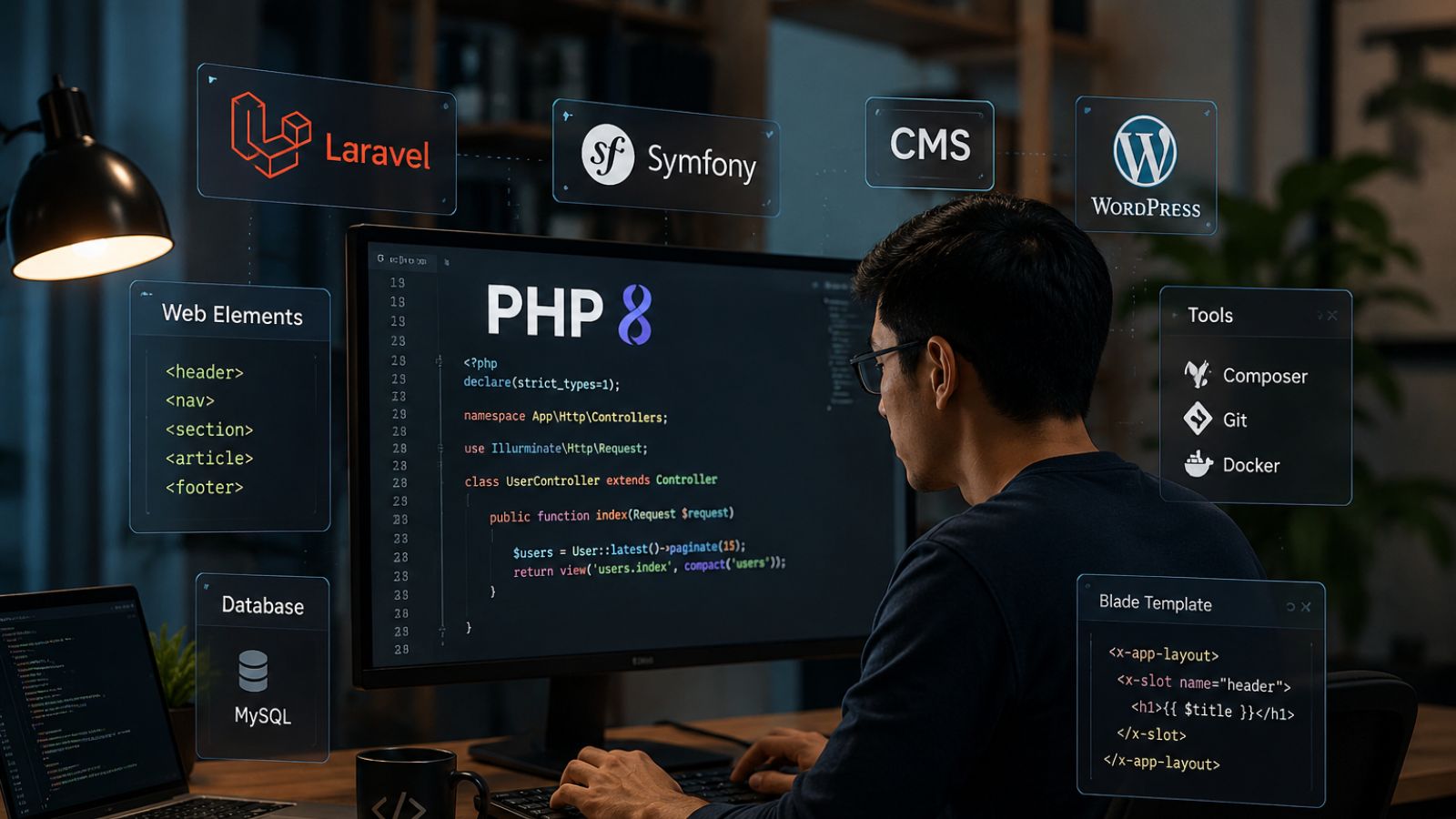 Ilustrasi PHP 8 sebagai bahasa pemrograman modern untuk pengembangan web