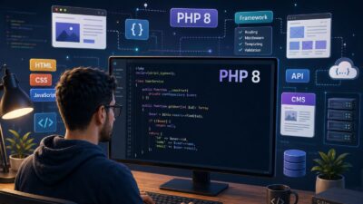 Ilustrasi PHP 8 dalam konteks bahasa pemrograman modern untuk pengembangan web